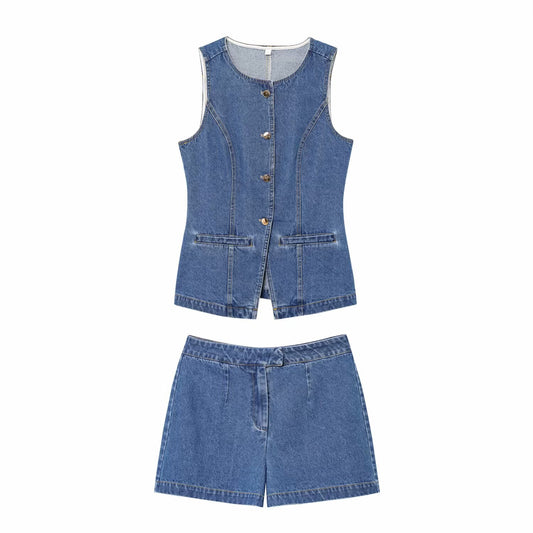Suit women's 2-piece 2025 sleeveless denim vest retro women+shorts women's suit