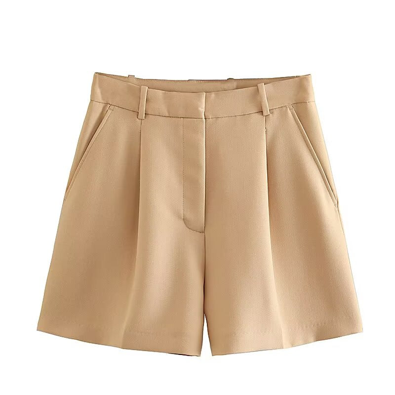 Ladies' new fashion pleated design casual side pocket high waisted shorts