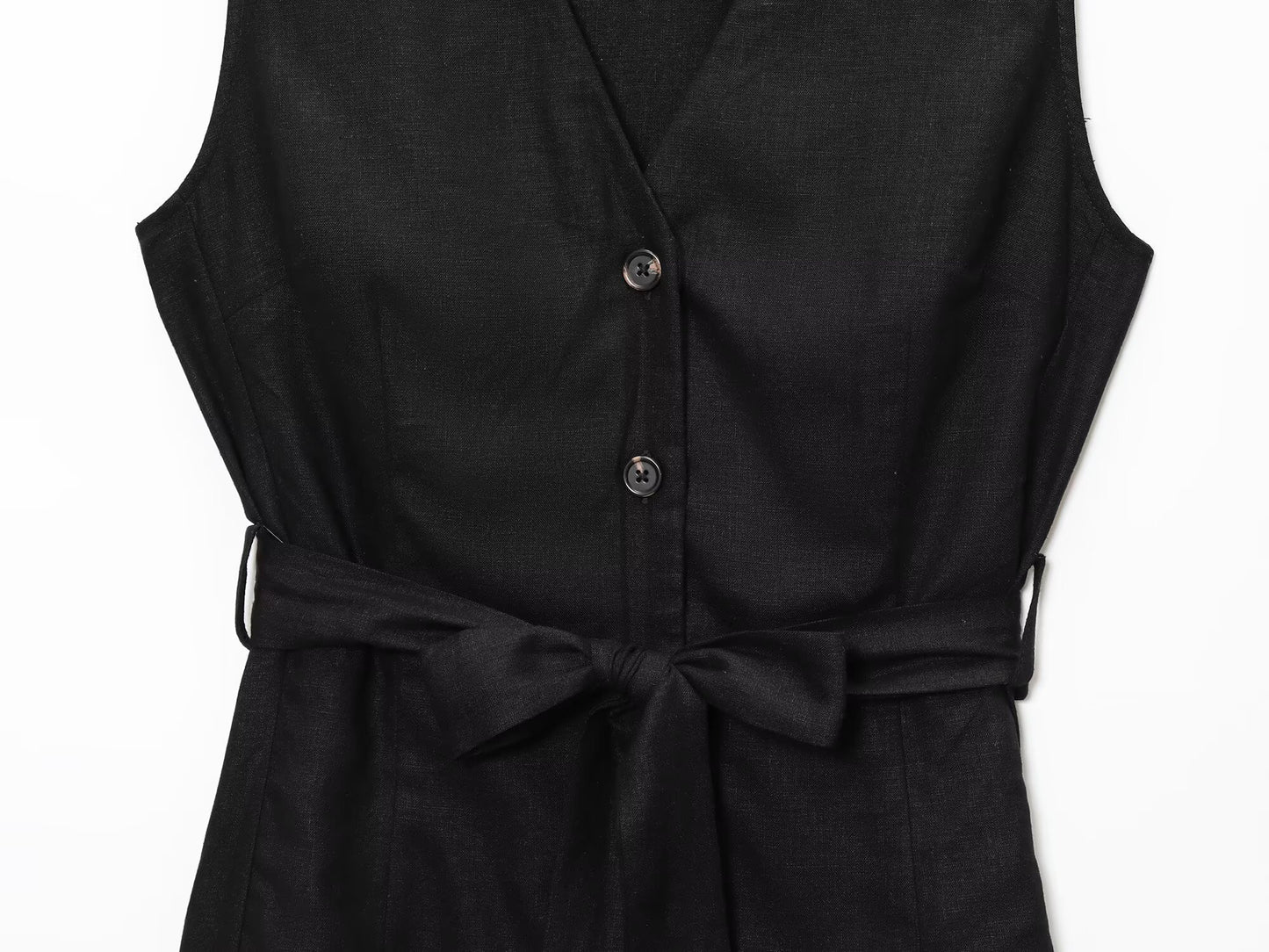 Women's New Fashion With Belt Sleeveless V-neck Linen Blended Midi Dress