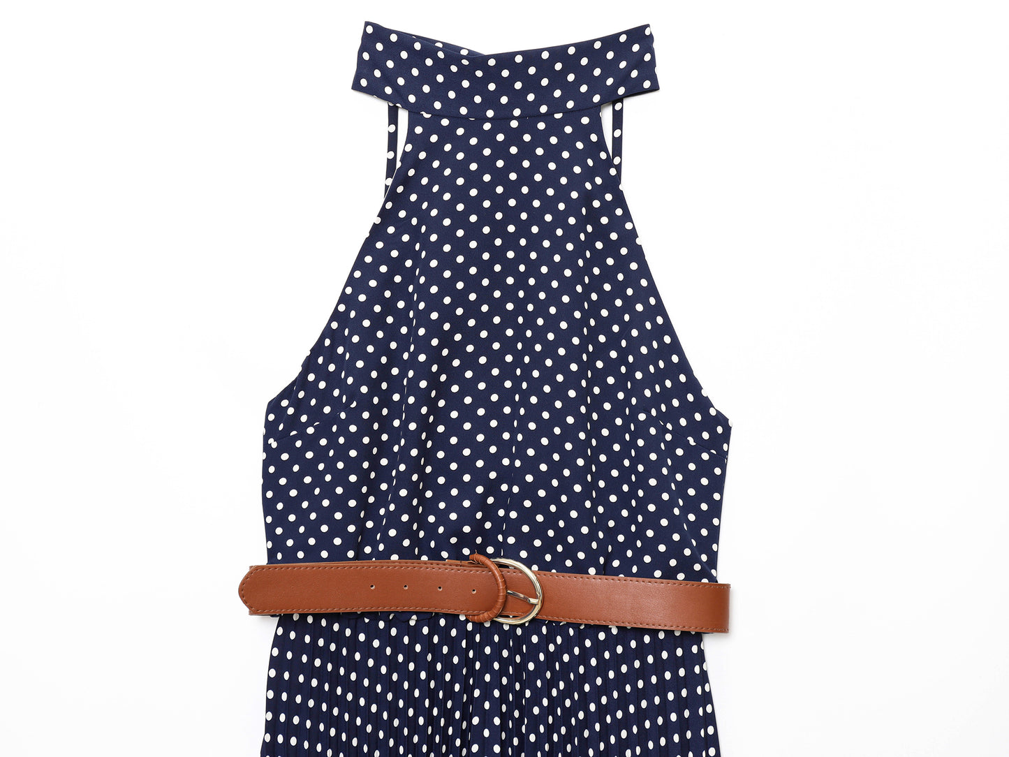 Women's New Fashion with Belt polka dot print hanging neck collar MIDI dress