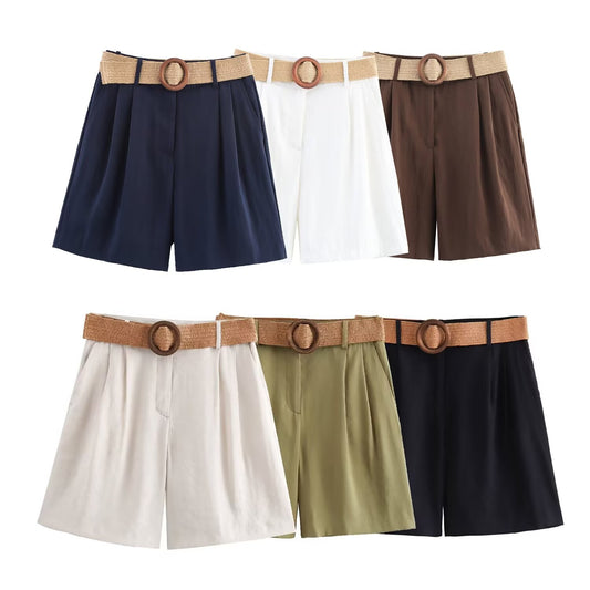 Women's' new fashion with Belt loose side pocket casual pleated shorts