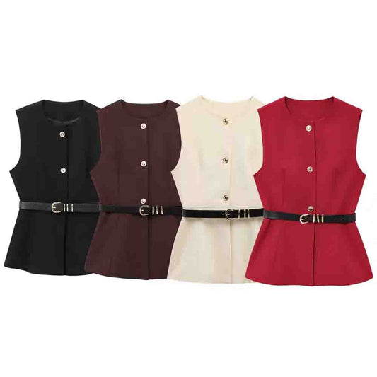 Women's new fashion with Belt casual single breasted O-Neck vest+Pants Women's suit