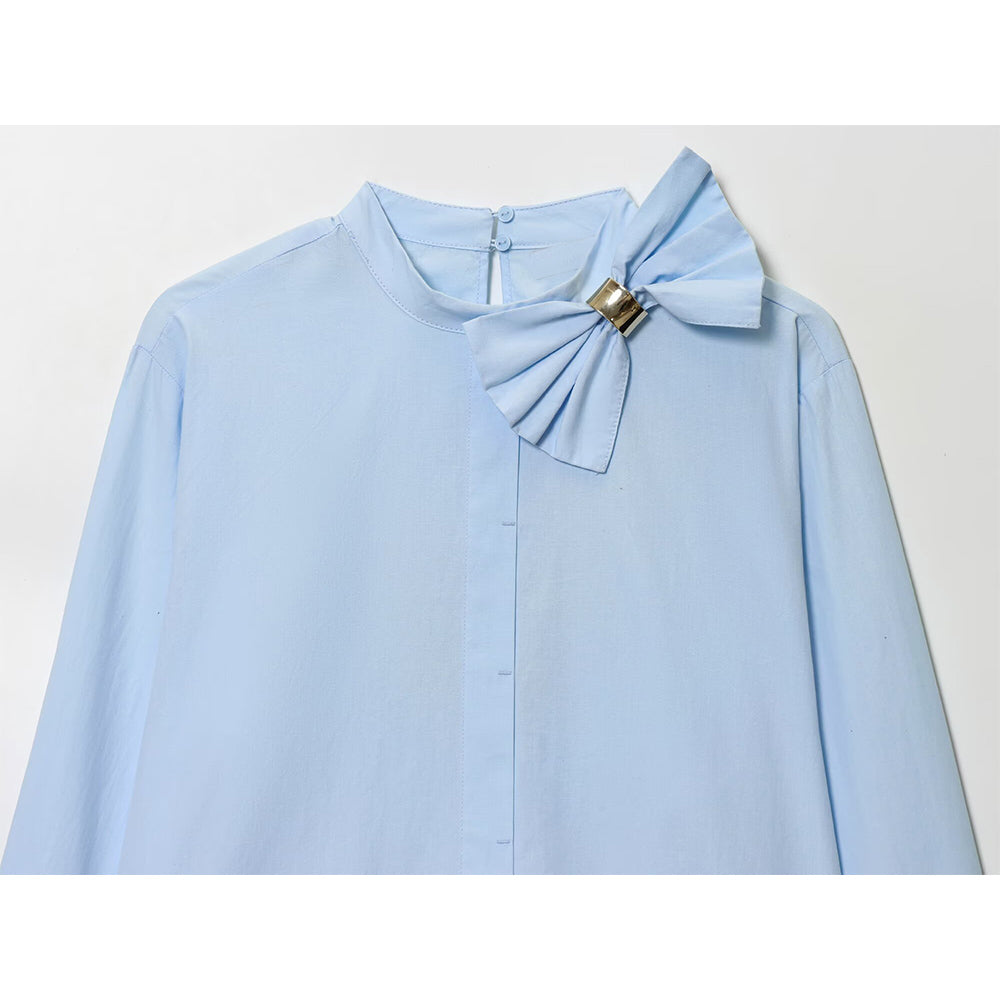 Women's 2025 new fashion bow decoration casual poplin shirt