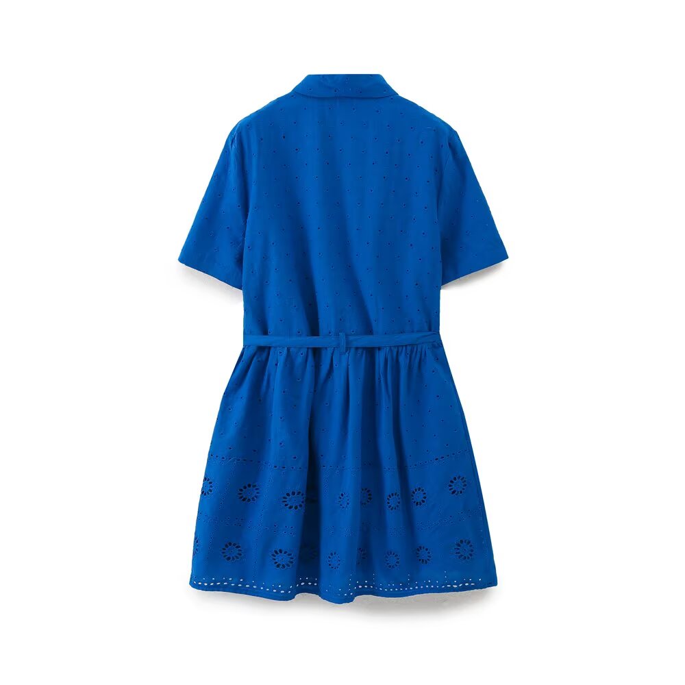 Ladies' New Fashion With Belt Short sleeved Single breasted Hollow Embroidered Mini Dress