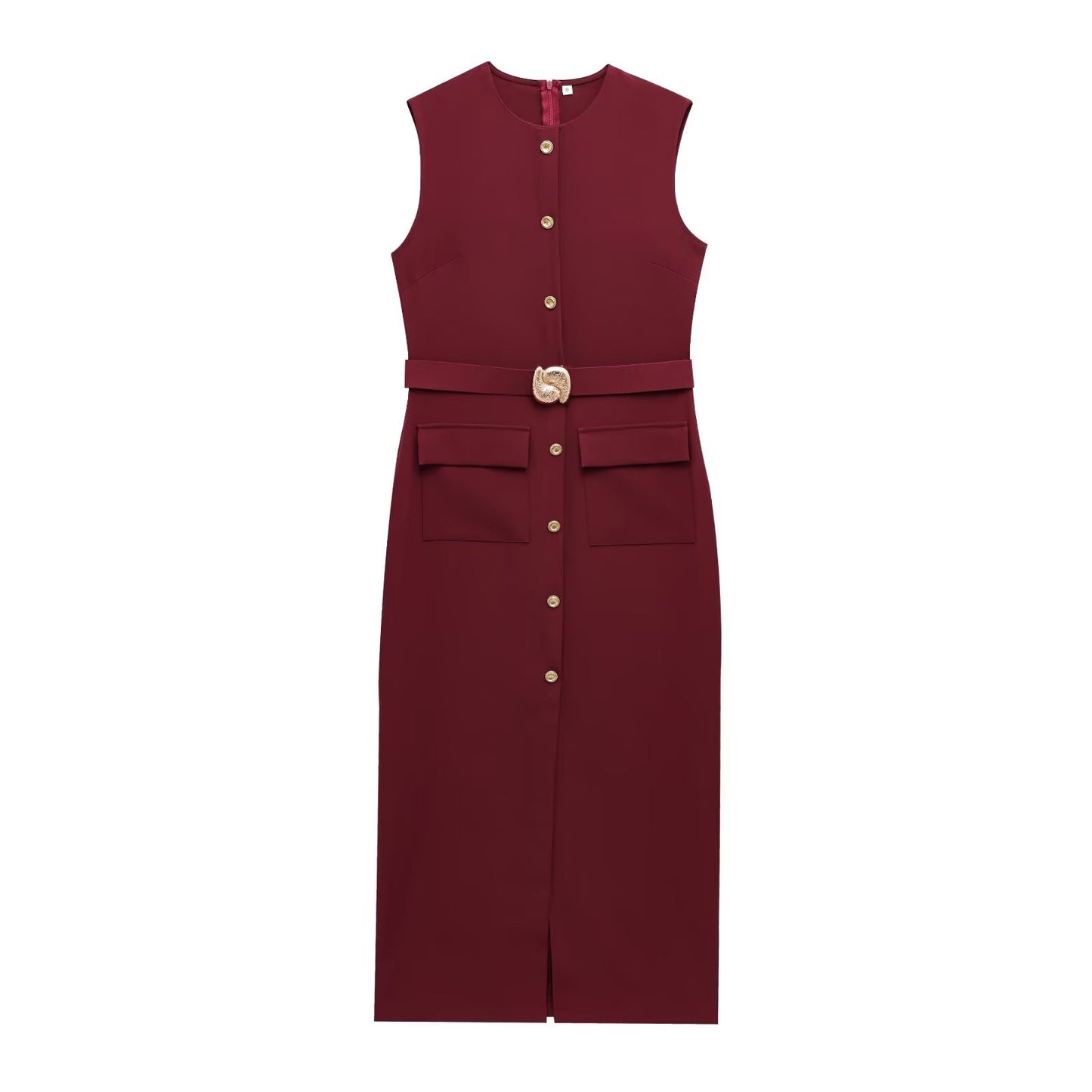 Women's new chic Fashion With belt slim single breasted Midi dress retro sleeveless women's dress