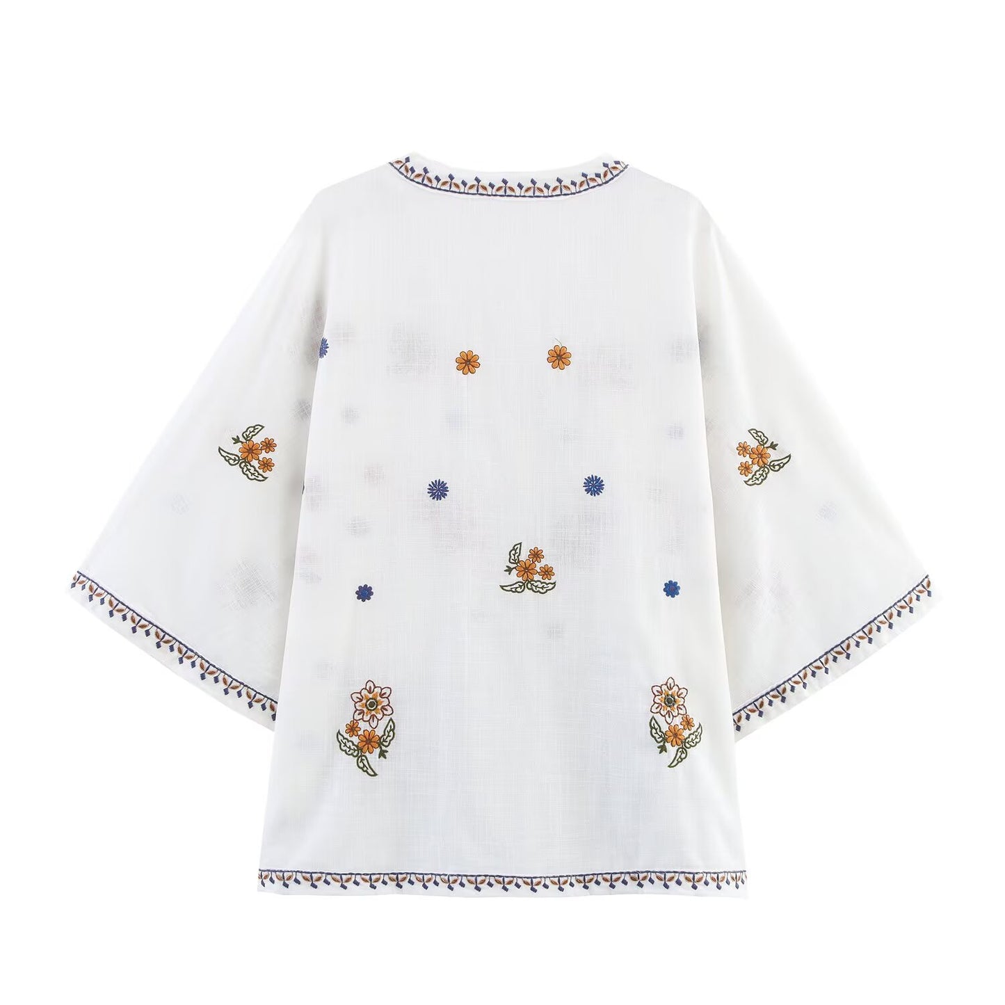 Ladies' new fashion loose single breasted short sleeved V-neck embroidered shirt