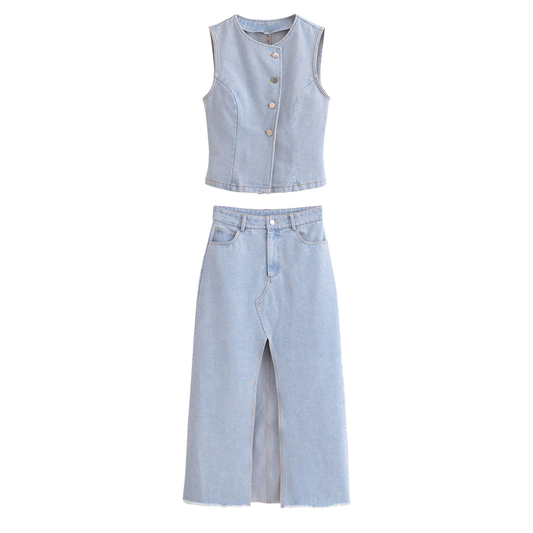 Women's 2025 new fashion slim single breasted denim vest+Skirts Women's suit