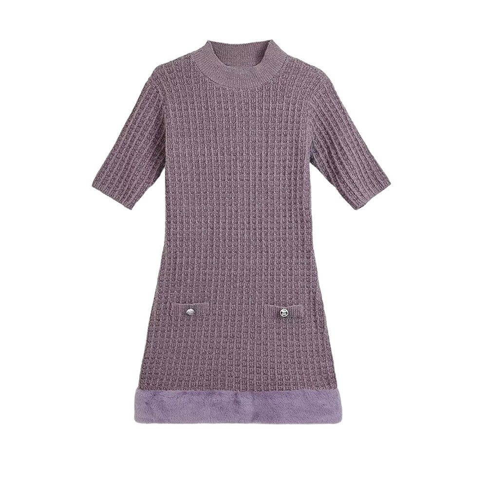 Women's new fashion faux fur effect short sleeved knitted mini dress