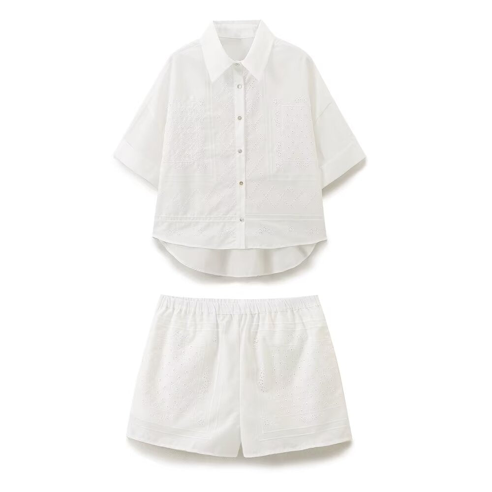Suit women's 2 pieces 2025 fashion embroidered shirt retro women+shorts women's suit