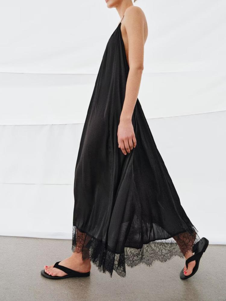 Women's satin textured hanging neck collar dress