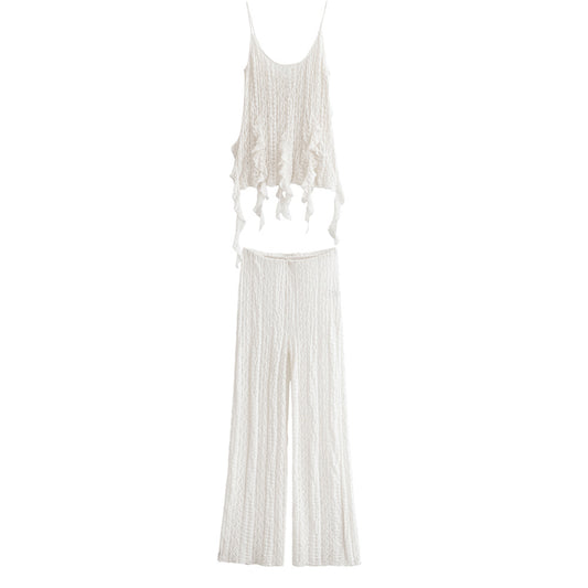 Women's new fashion ruffle edge decoration suspender lace top+Pants Women's suit