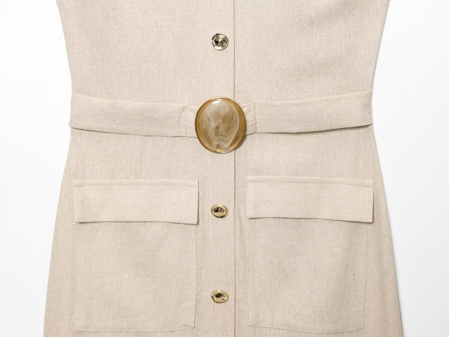 Women's new fashion buckle decoration sleeveless linen blended MIDI dress