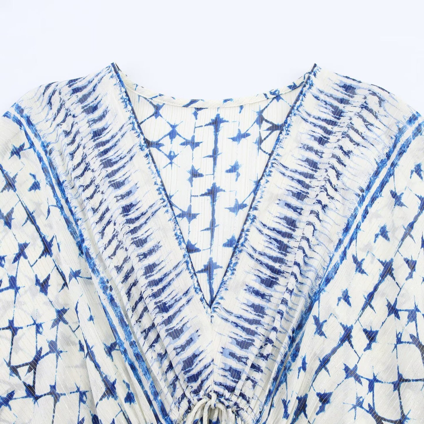 Women's' New Fashion pleated decorative long sleeved printed V-neck mini dress