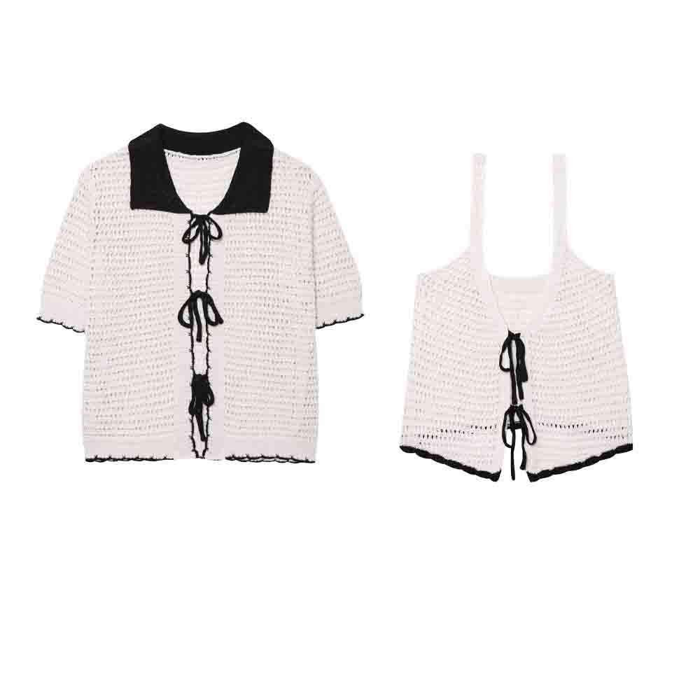 Women's new fashion bow Lace up decoration short sleeved crochet top+Vest Women's suit