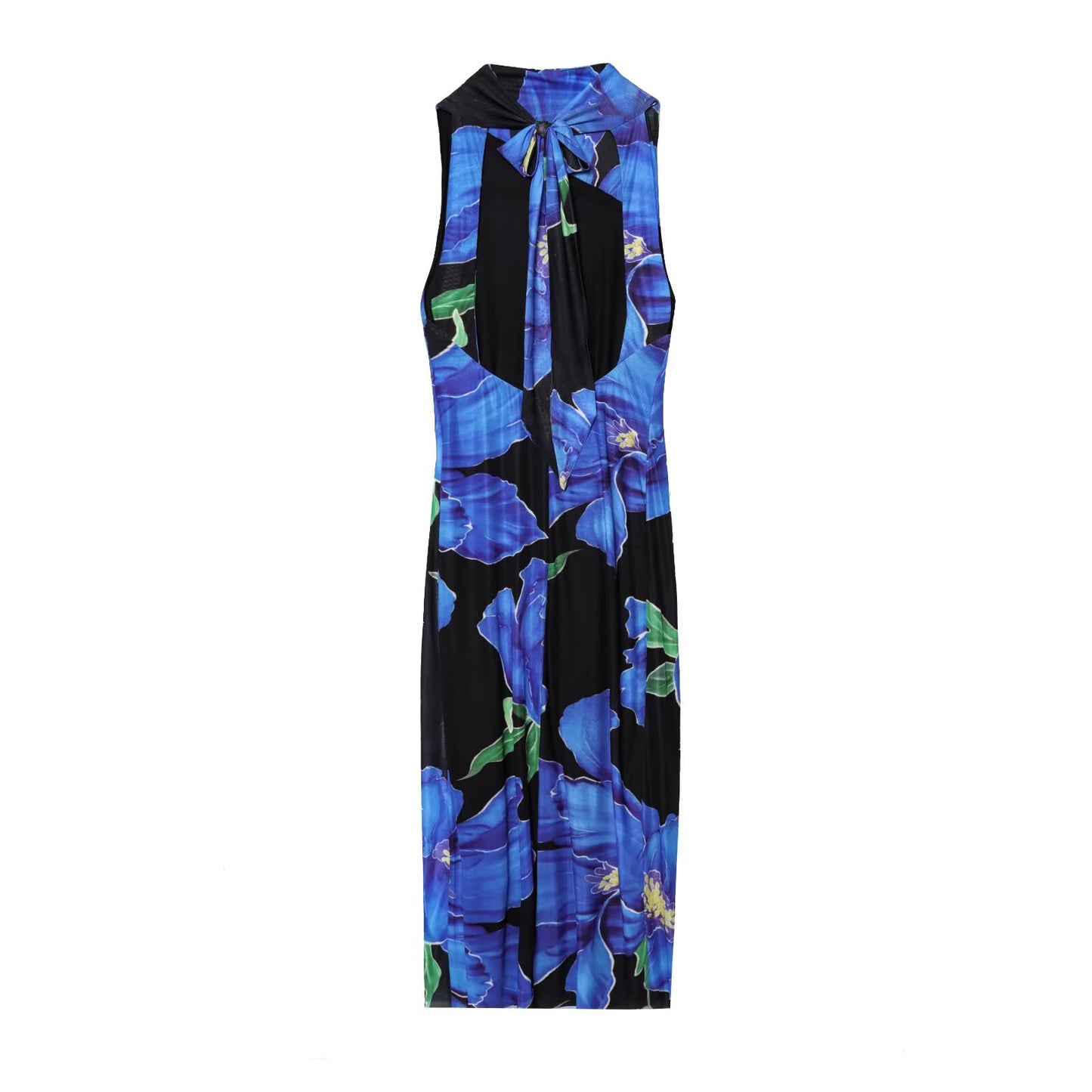 Women's new fashion backless bow decoration slim draped printed MIDI dress