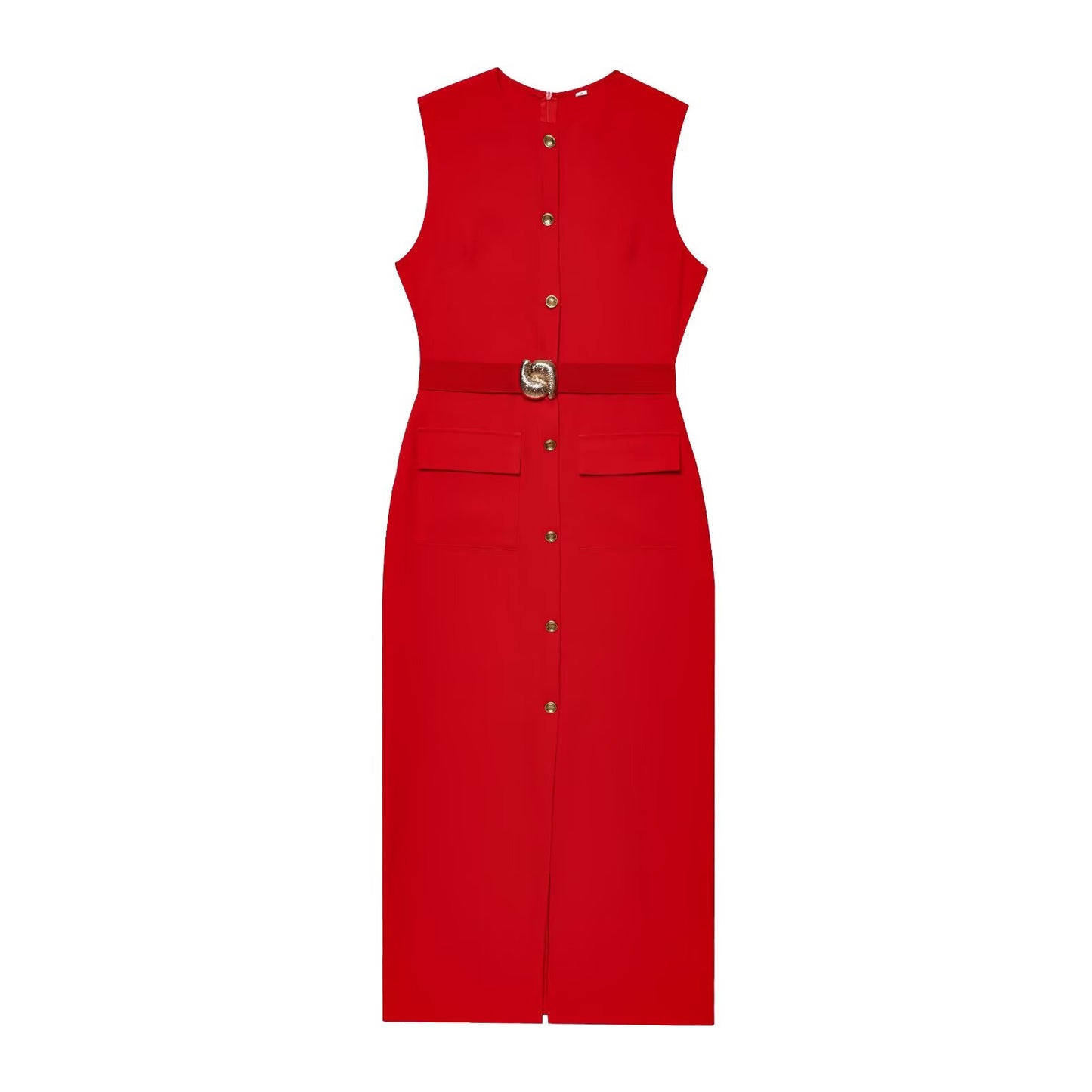 Women's new chic Fashion With belt slim single breasted Midi dress retro sleeveless women's dress