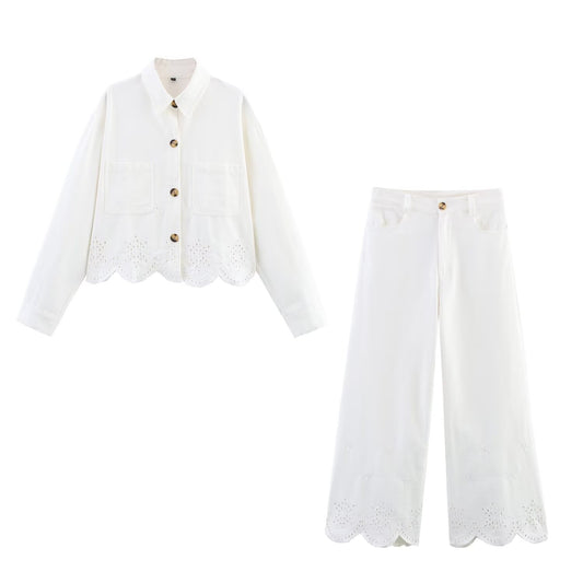 Ladies' New Fashion Casual Single breasted Hollow Embroidered Shirt Coat+Pants Women's Suit