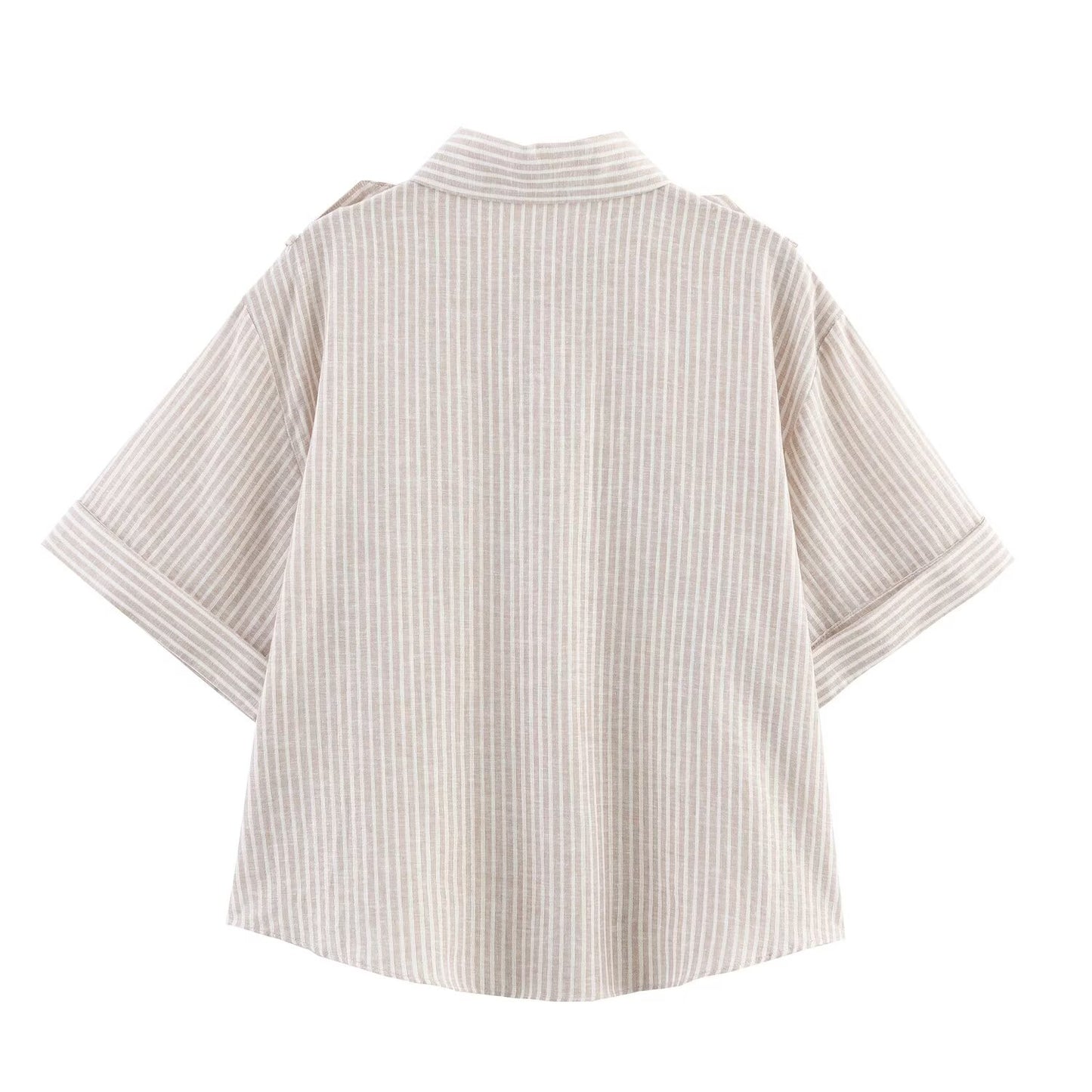 Women's 2025 new fashion casual single breasted striped shirt retro short sleeved women's shirt chic top