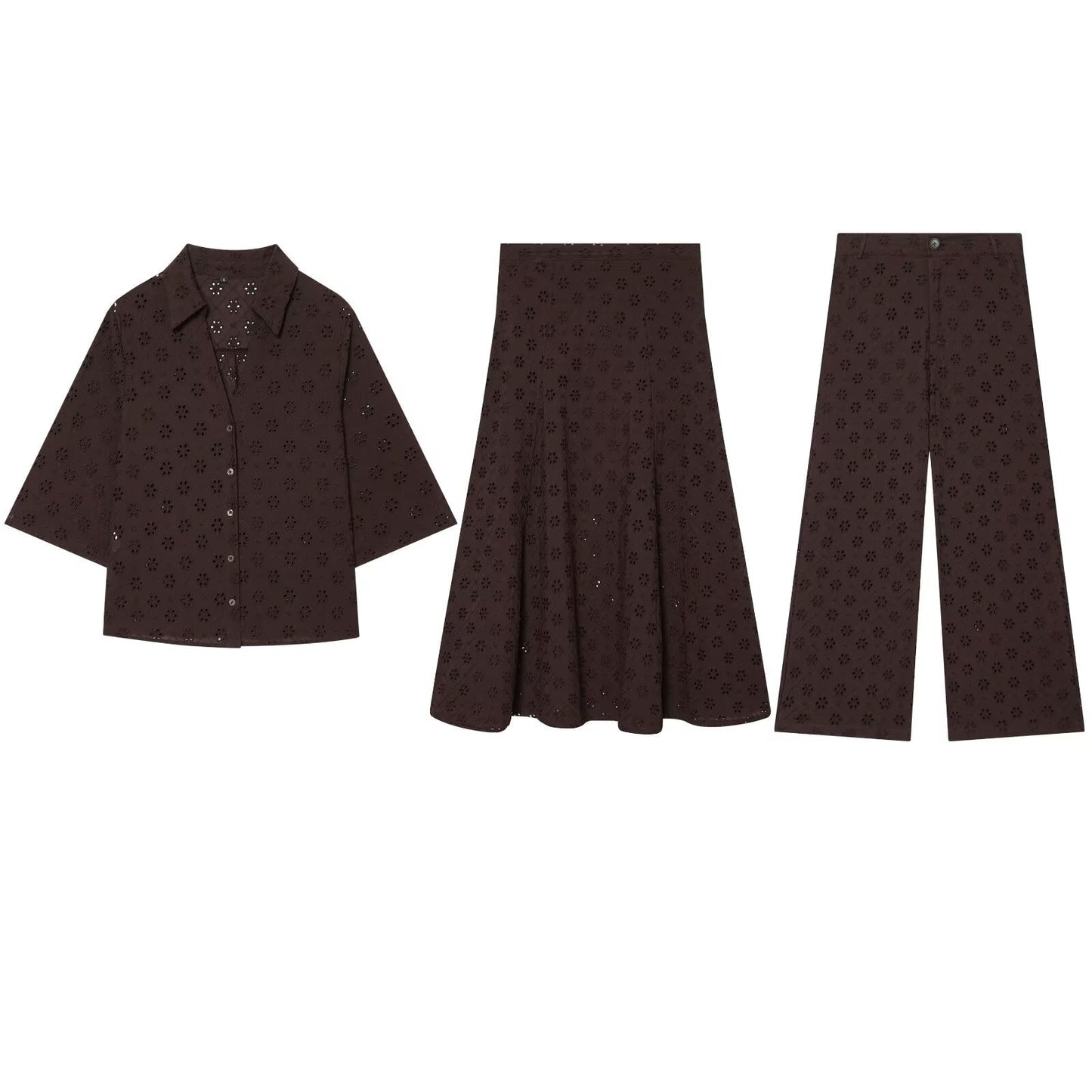 suit Women's 2 pieces hollowed out embroidered shirt+Pants+Skirts