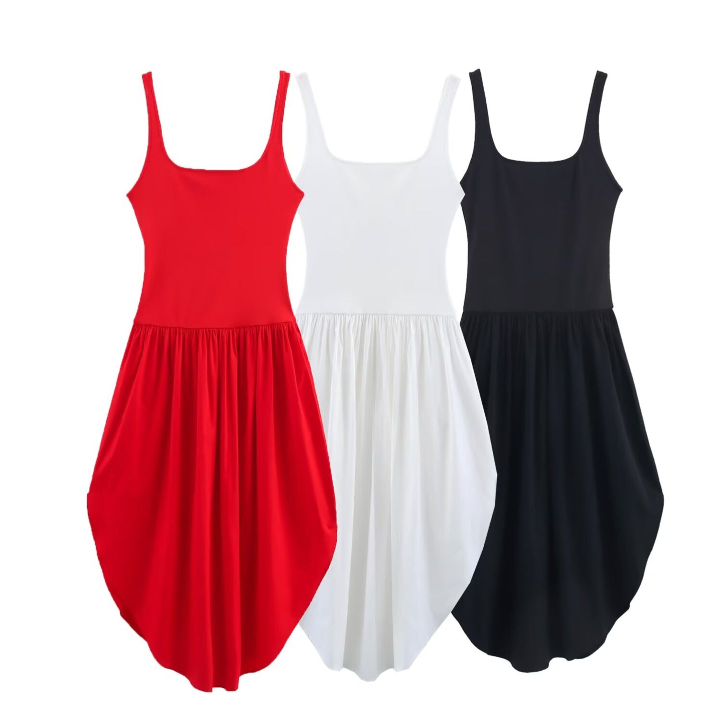 Women's new Fashion wide pleated hem slim backless patchwork MIDI dress retro sleeveless wide shoulder strap women's dress