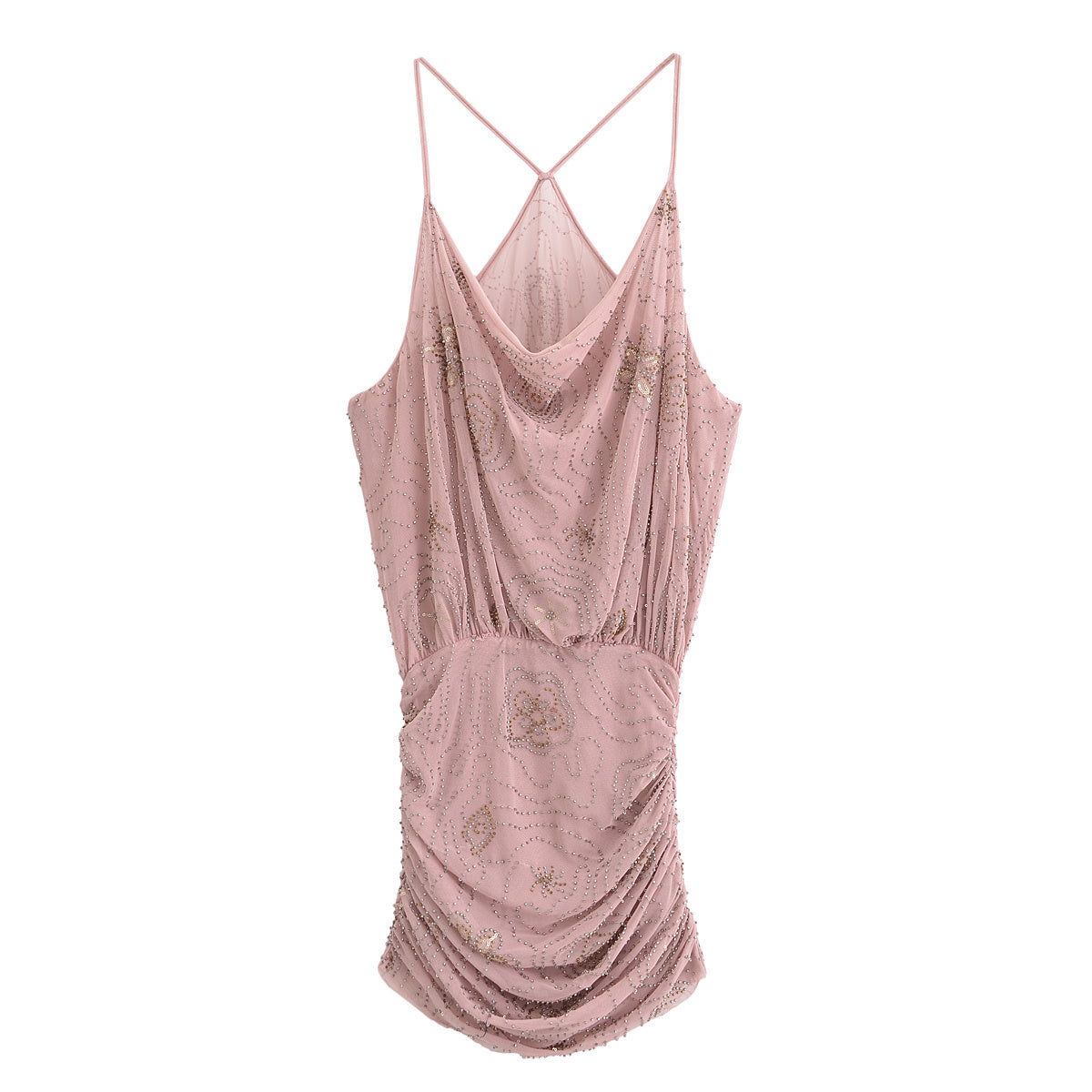Women's new fashion bead decoration sleeveless pleated suspender mini dress