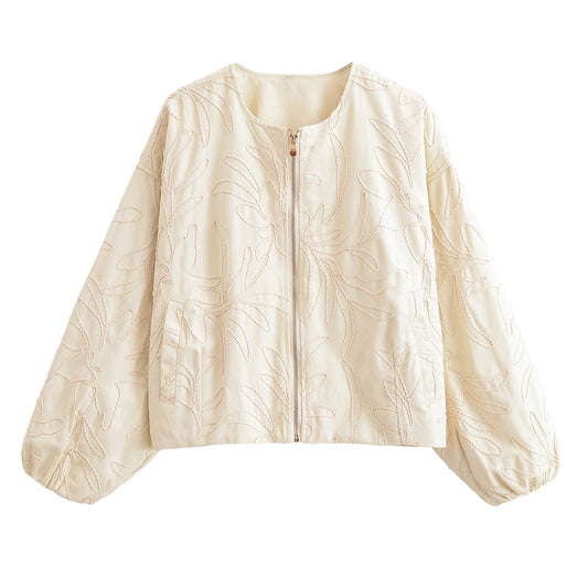 Women's new fashion embroidery decoration short O-Neck long sleeved jacket coat