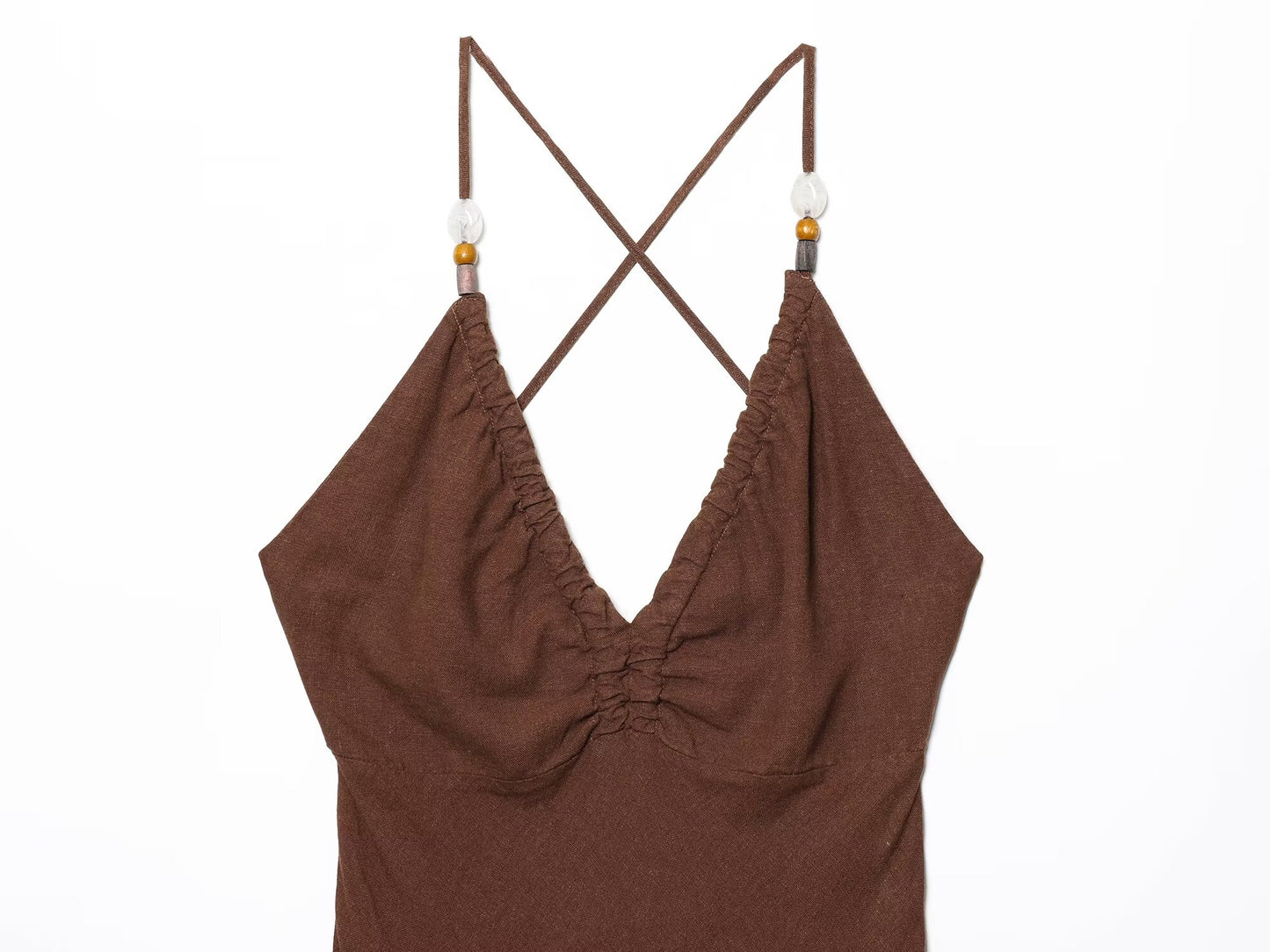 Women's new fashion slim backless V-neck linen blended suspender MIDI dress