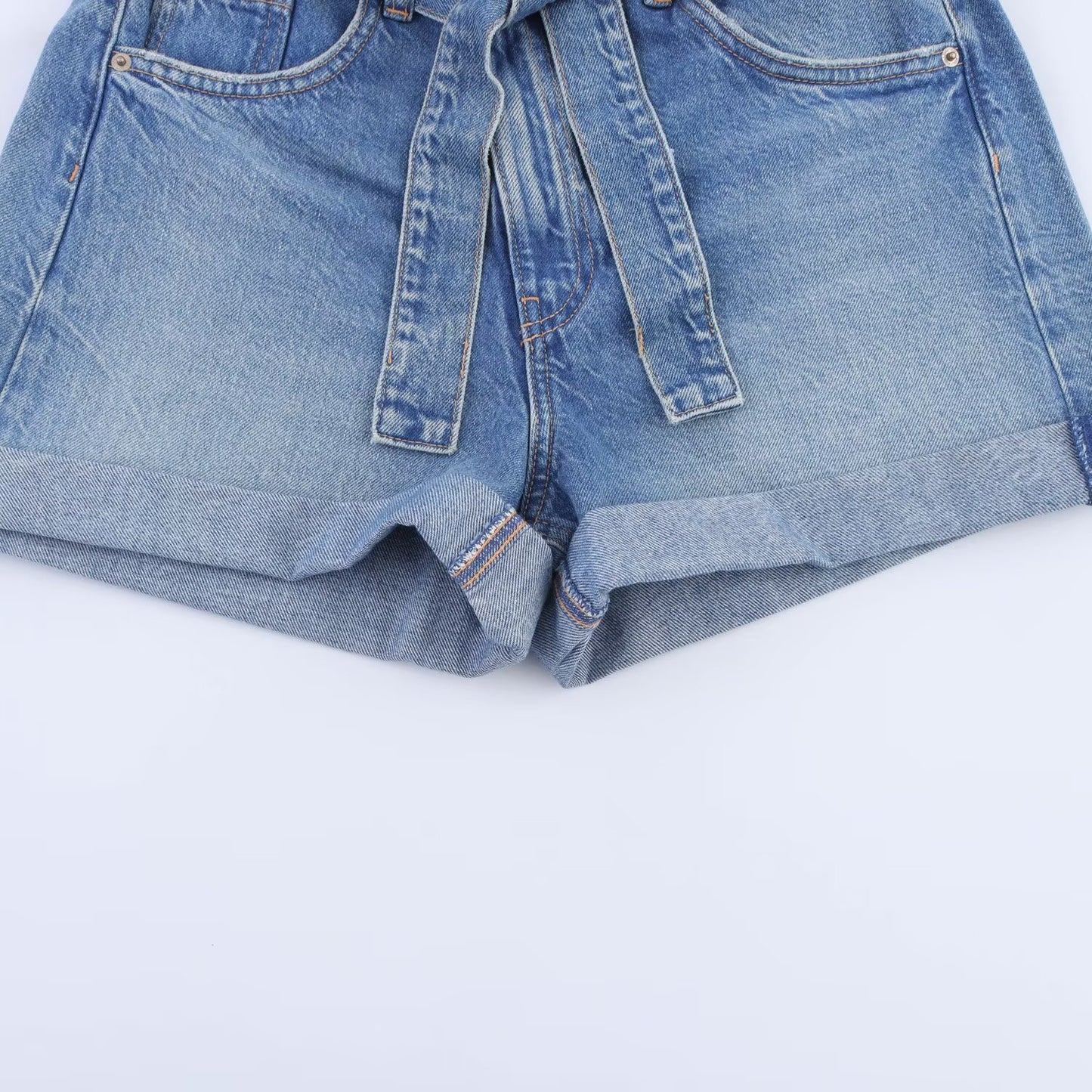 Women's New Fashion With Belt Casual Side Pocket High Waist Denim Shorts