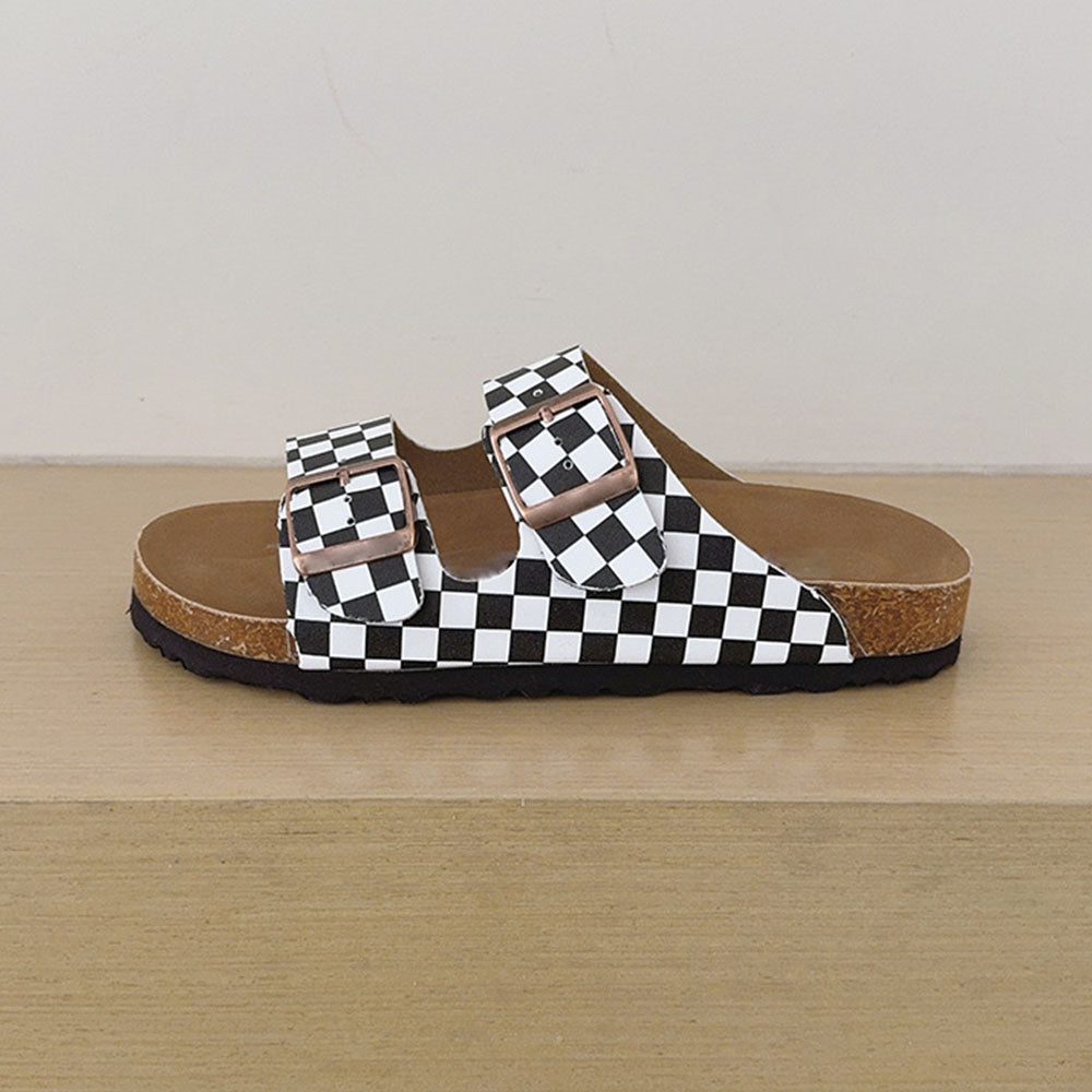 Women's 2026 new fashion cork checkerboard double buckle slippers