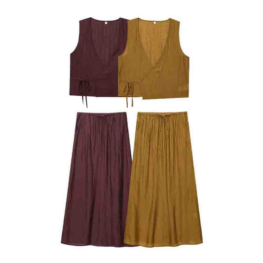 Women's 2025 new fashion wrinkle effect vest style top+Skirts suit