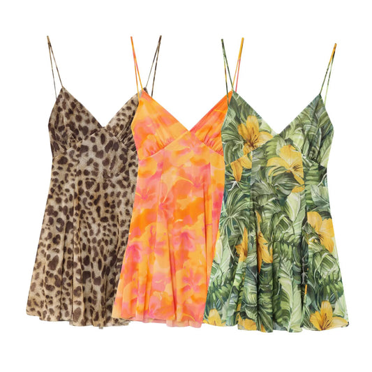 Women's new Fashion slim V-neck printed tulle suspender mini dress