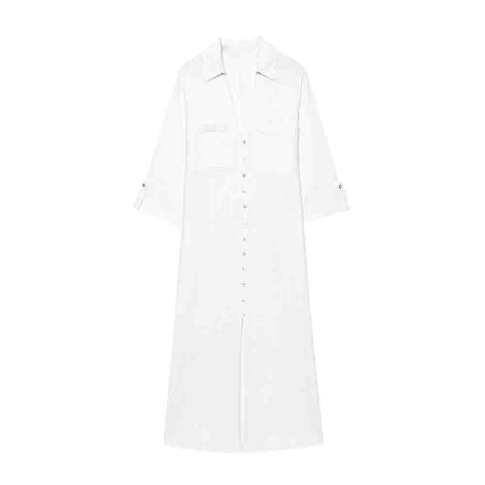 Women's new fashion buckle decoration loose linen blend shirt style MIDI dress