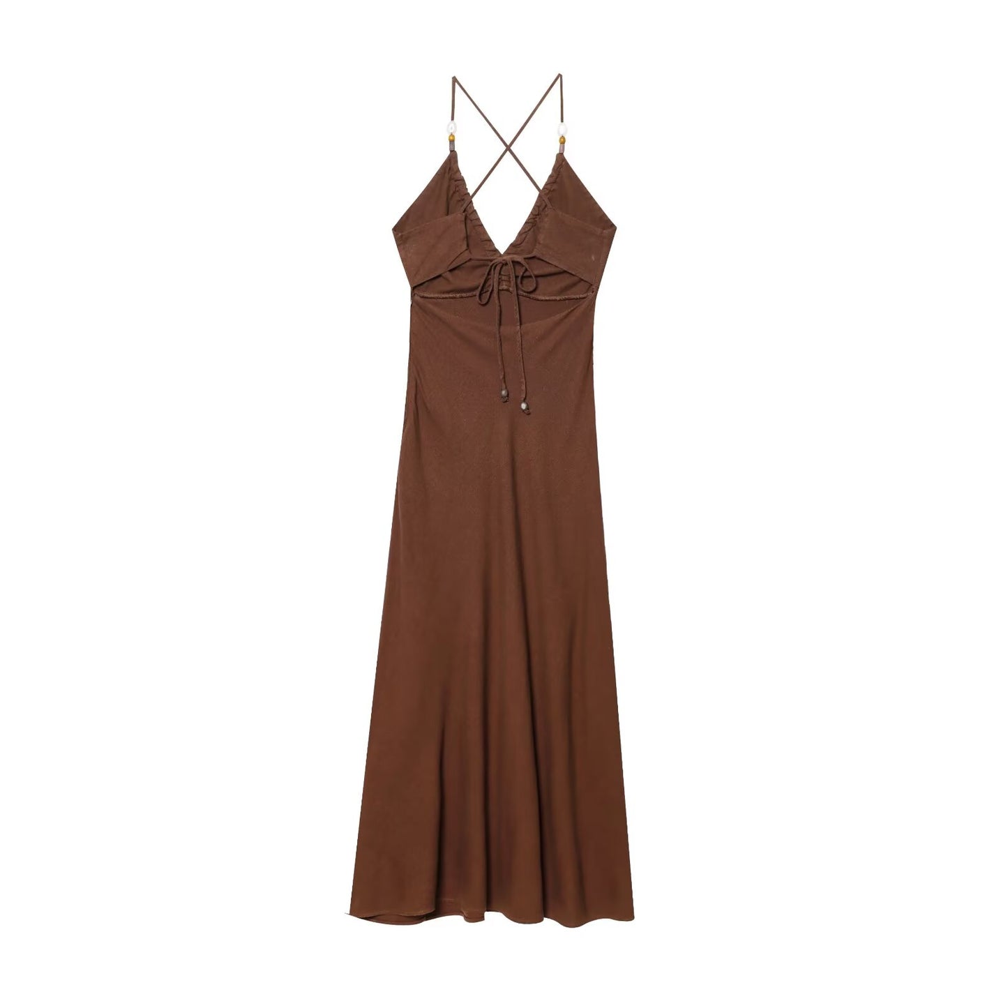 Women's new fashion slim backless V-neck linen blended suspender MIDI dress