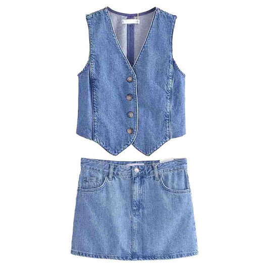 Women's new fashion short single breasted V-neck denim vest+Skirts suit
