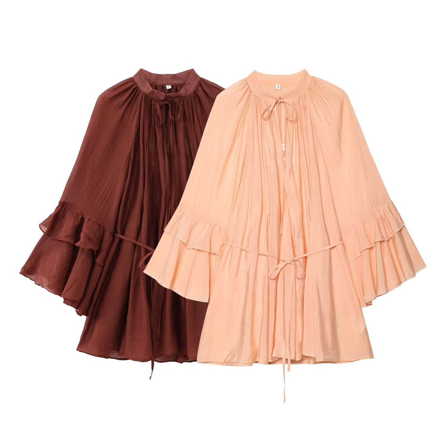 Women's new fashion ruffle edge decoration loose lace up long sleeved mini dress