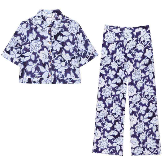 Women's new fashion floral print short sleeved button up shirt+Pants Women's suit