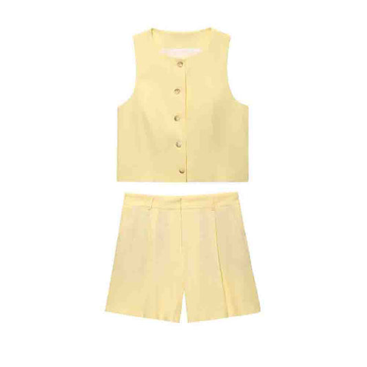 set woman 2 pieces new fashion single breasted linen blended vest+Shorts suit