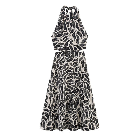 Women's 2025 New Fashion Linen Blended Printed Hanging Neck Midi Dress