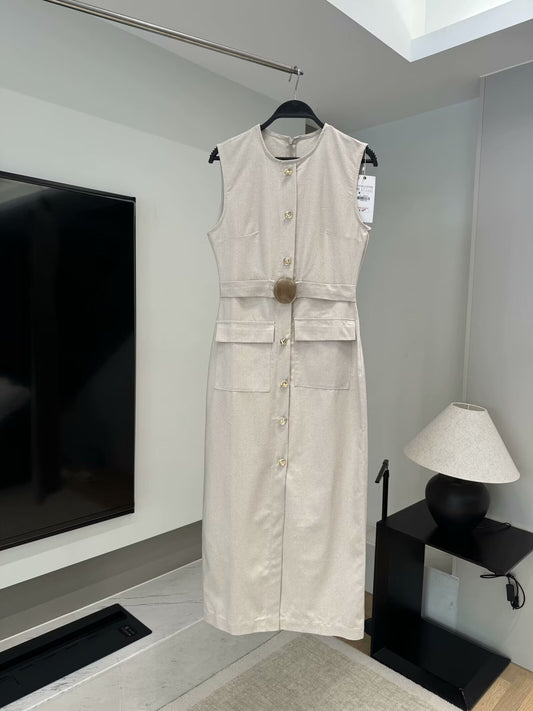 Women's New Fashion Sleeveless Single breasted Linen Blended Midi Dress