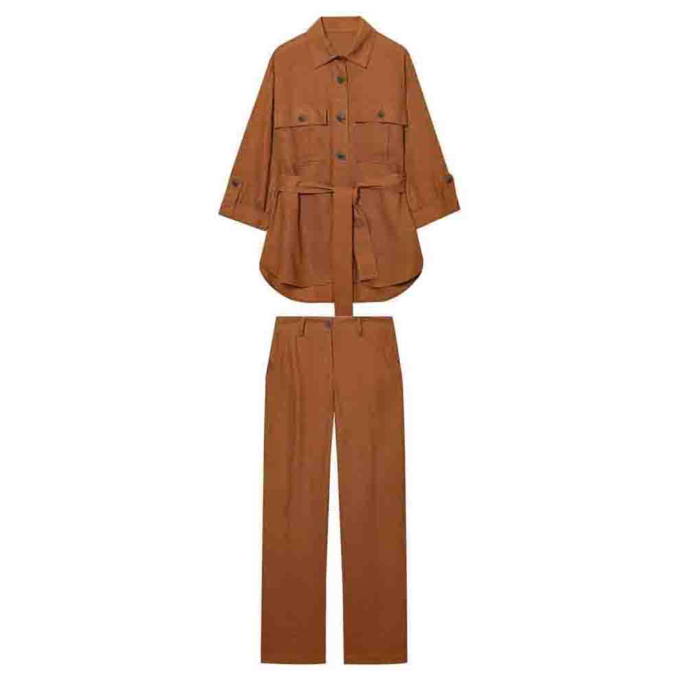 Women's new fashion with belt casual linen blend button up shirt+Pants Women's suit