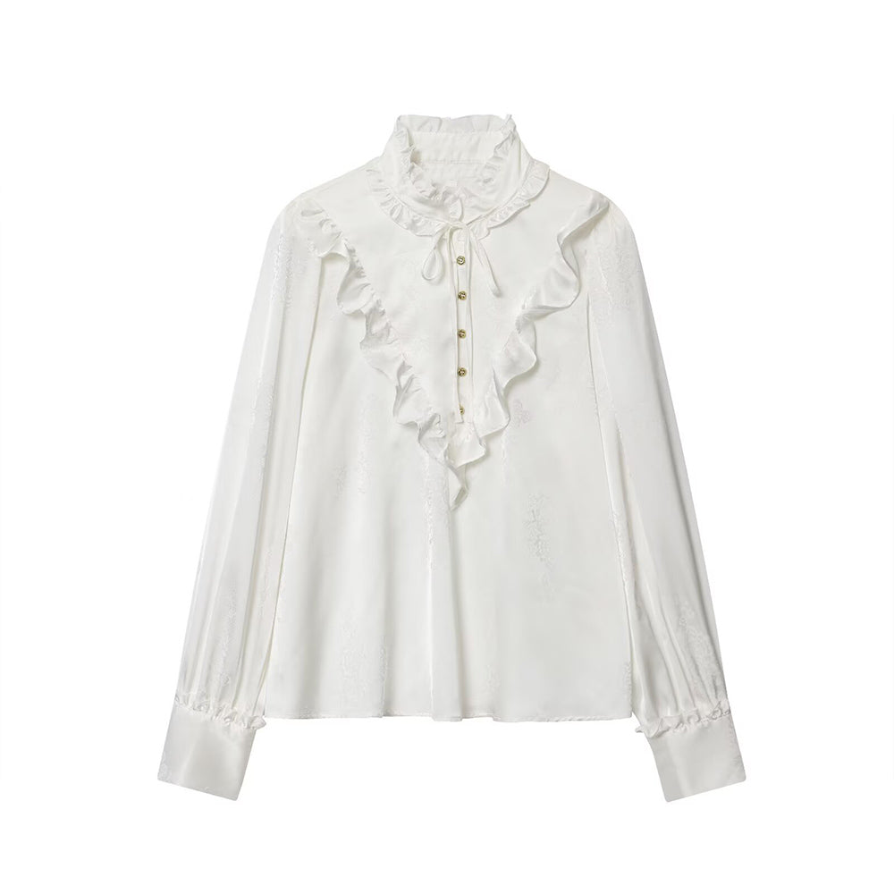 Women's new fashion long sleeved satin textured jacquard shirt