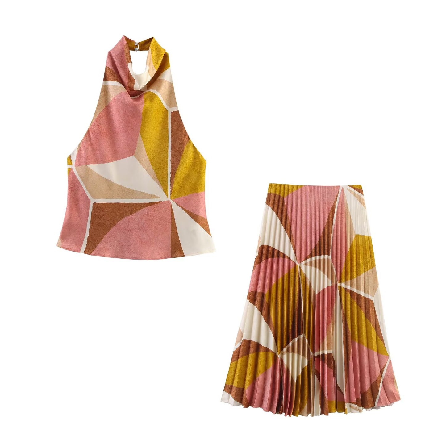 Women's new fashion casual satin texture geometric print hanging neck top retro sleeveless backless women's vest chic top+Skirts suit