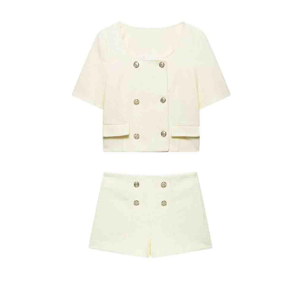 suit Women's 2 pieces short sleeved double breasted textured suit coat+shorts suit