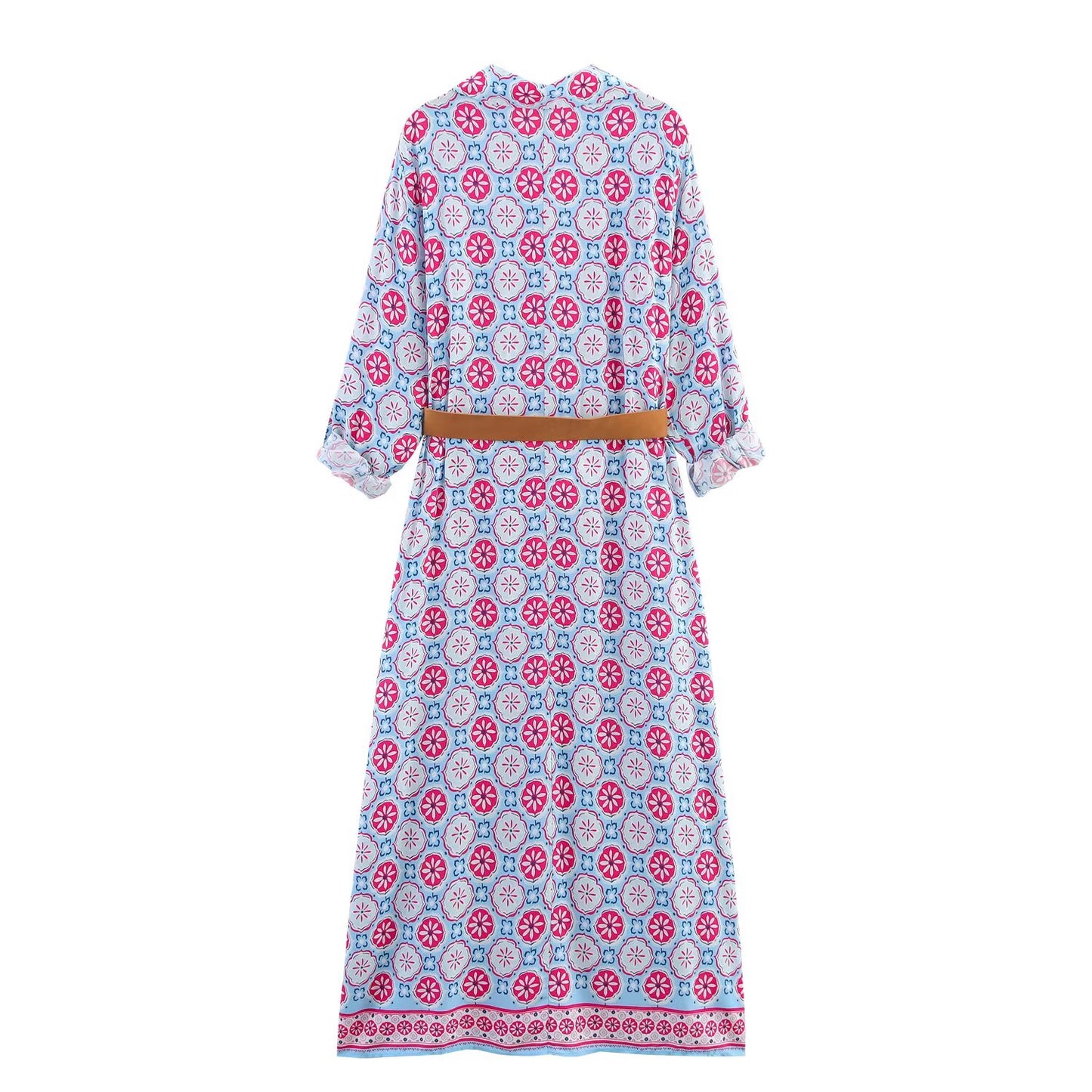 Women's new chic Fashion With Belt printed shirt style MIDI dress retro long sleeved button up women's dress