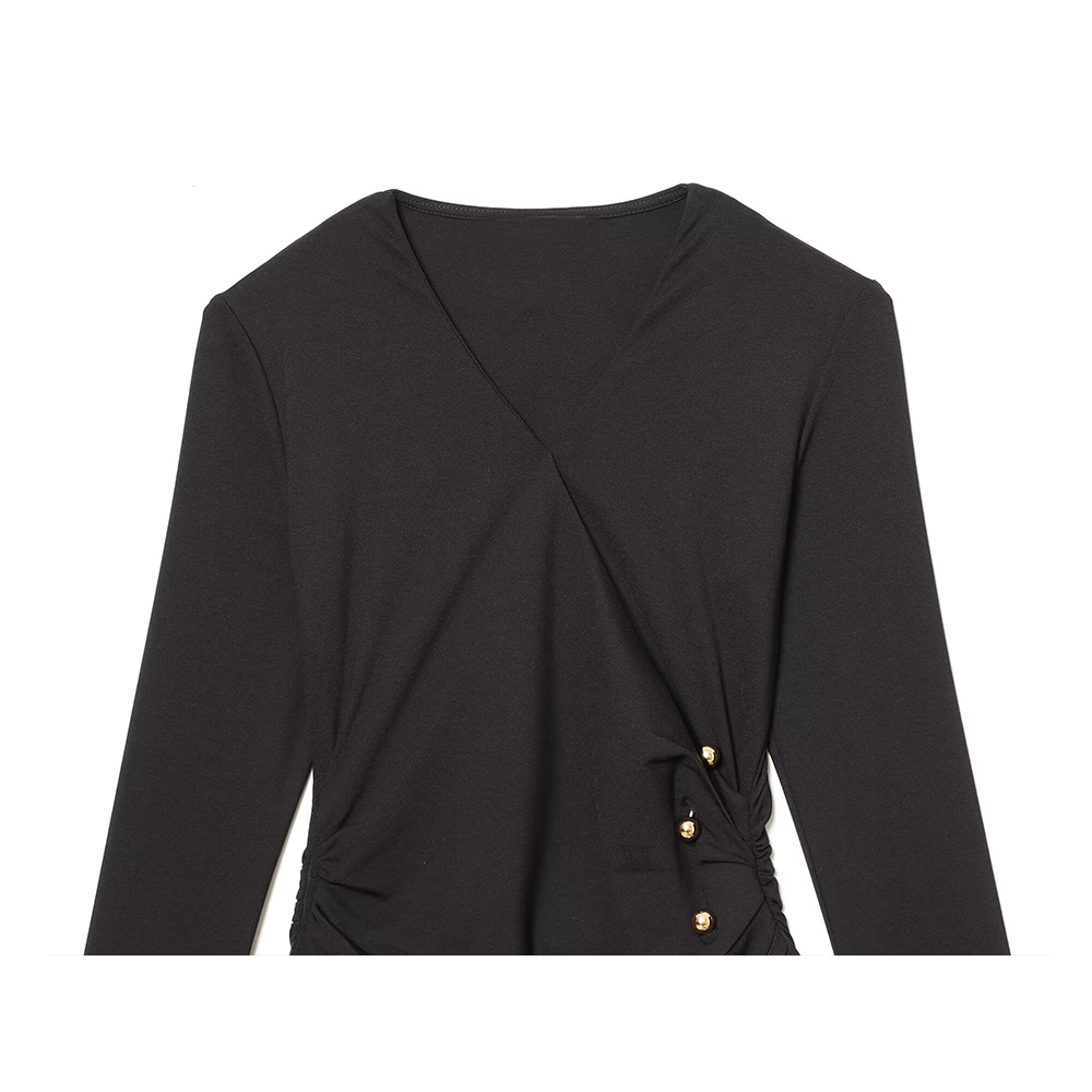 Women's metal buckle decoration V-neck pleated dress