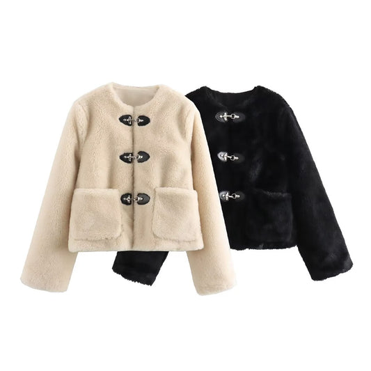 Women's new spring buckle round neck fleece Coat