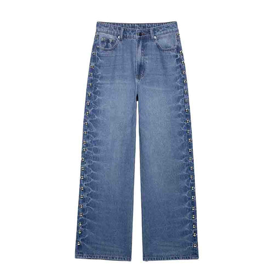 Women's 2025 new fashion rivet decoration loose high waisted Casual jeans