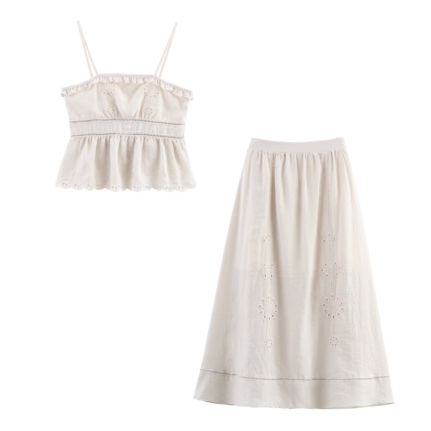 suit Women's 2 pieces new hollowed out embroidered suspender top+Skirts suit