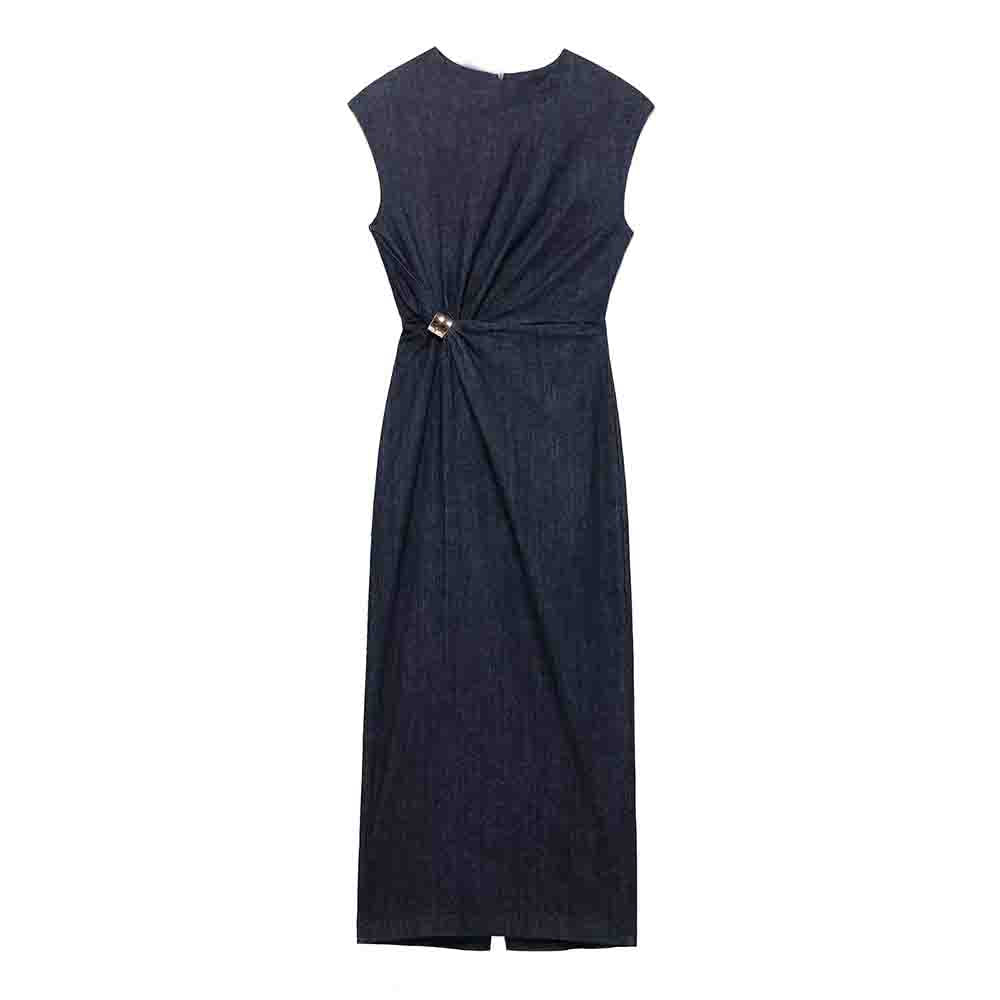 Women's new fashion pleated decoration sleeveless split denim Midi dress