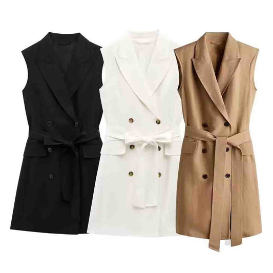 Women's 2025 new fashion With Belt linen blend double breasted suit style mini dress retro sleeveless women's dress